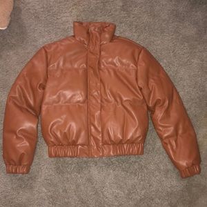 Leather feather puffer jacket